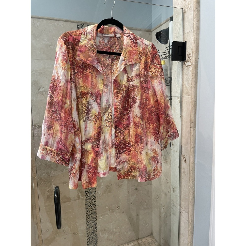 Chicos Open Front Cardigan Jacket Light Weight  2 L 12 Reds  Floral Long Slv